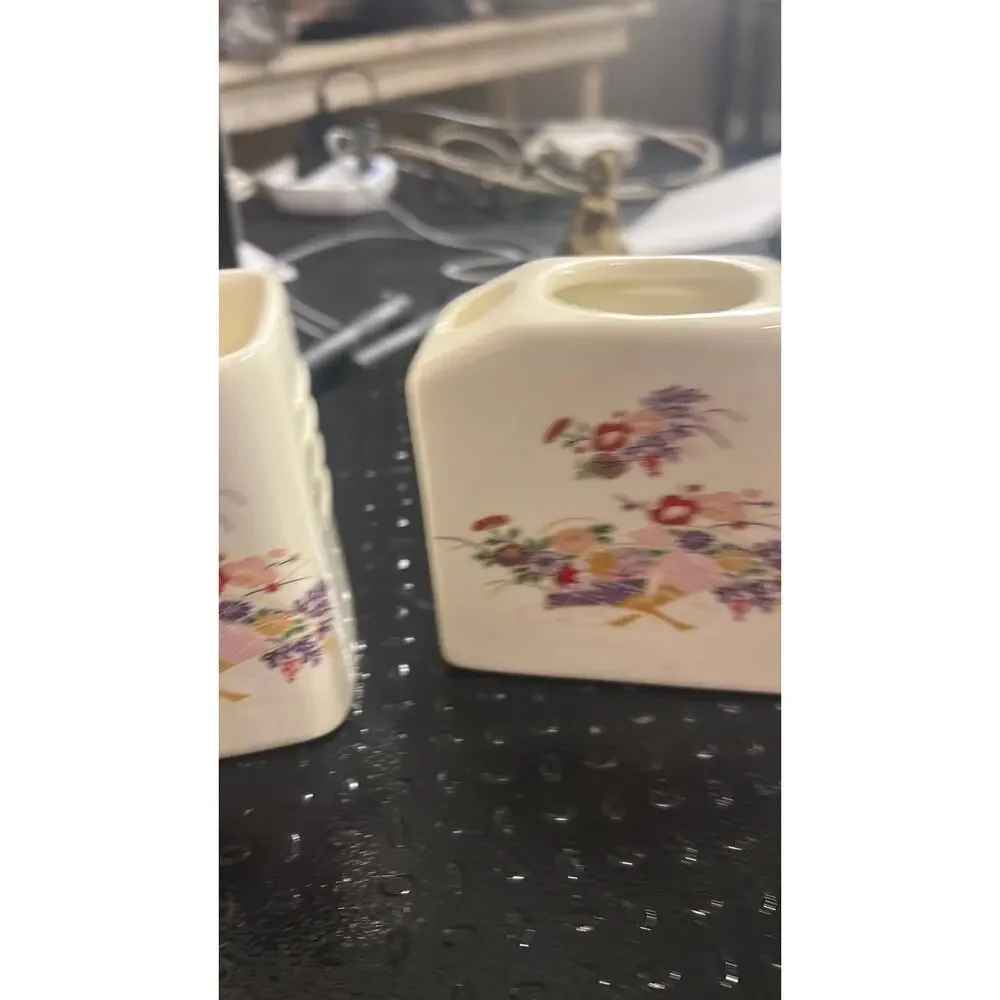vintage ceramic bath set with  a colorful floral and fan motif - Miyako style